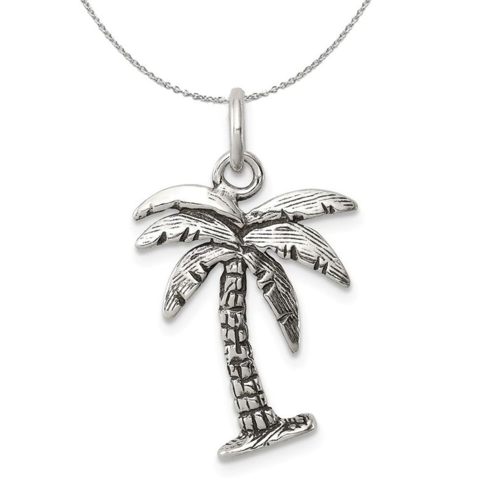 Sterling Silver 3D Antiqued Palm Tree Necklace - 20 Inch